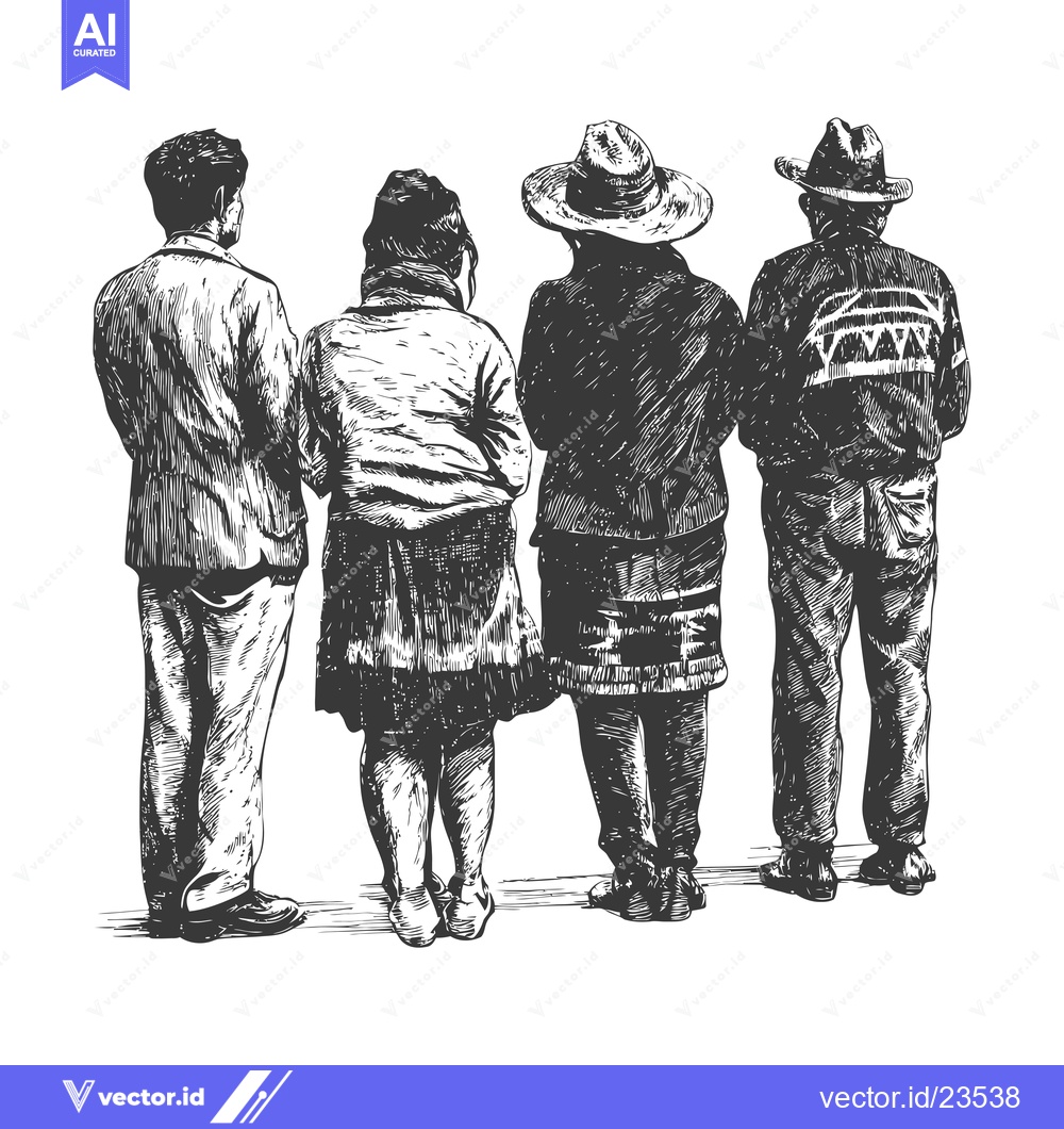Premium Vector of Black and White Hand-Drawn Sketch of Four People Facing Away From the