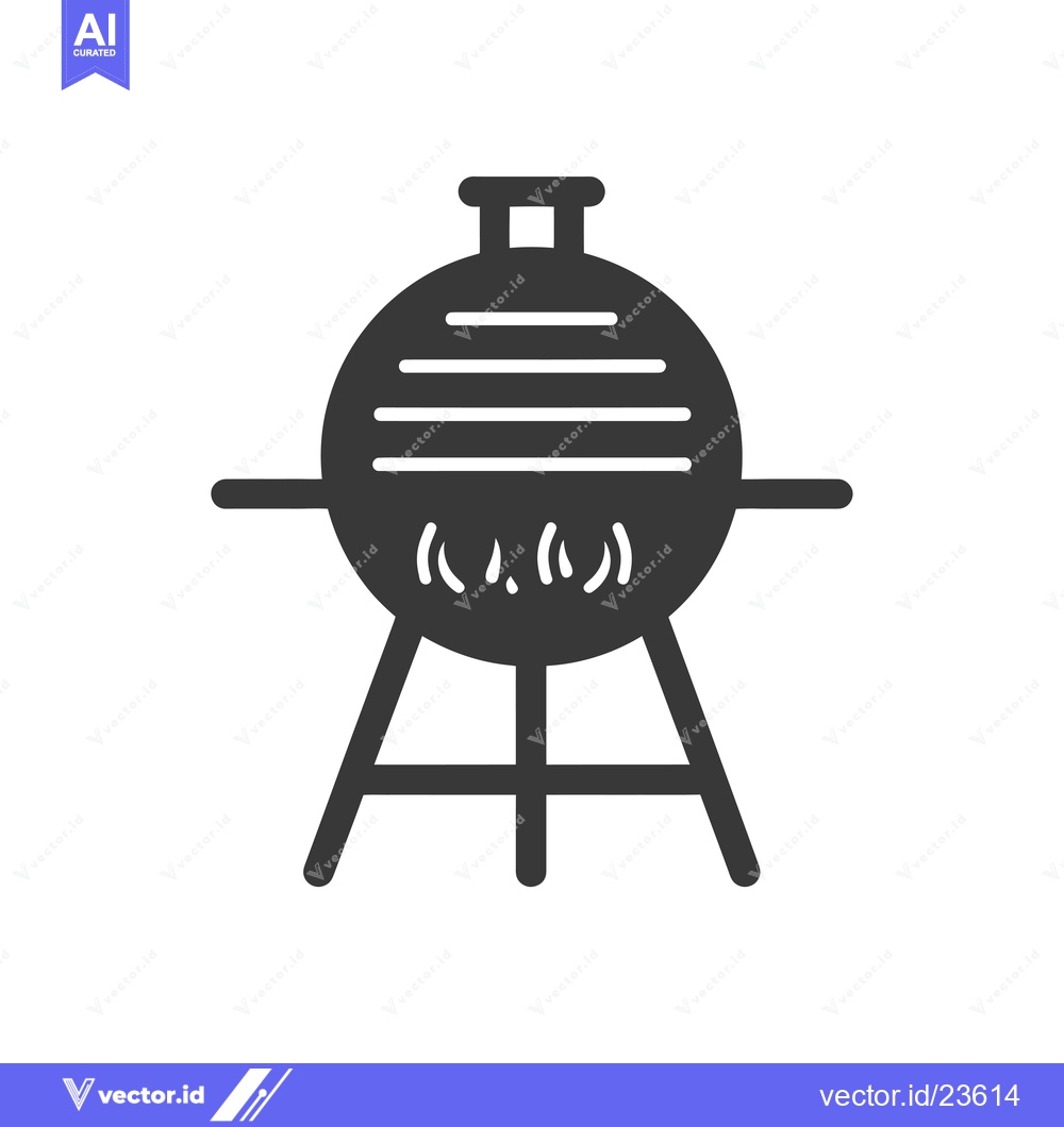 Premium Vector dari Black and White Icon of a Round Charcoal Grill with Flames