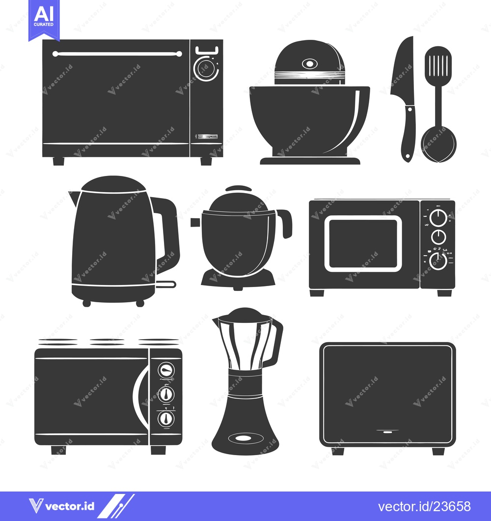 Premium Vector of Black and White Icons of Kitchen Appliances