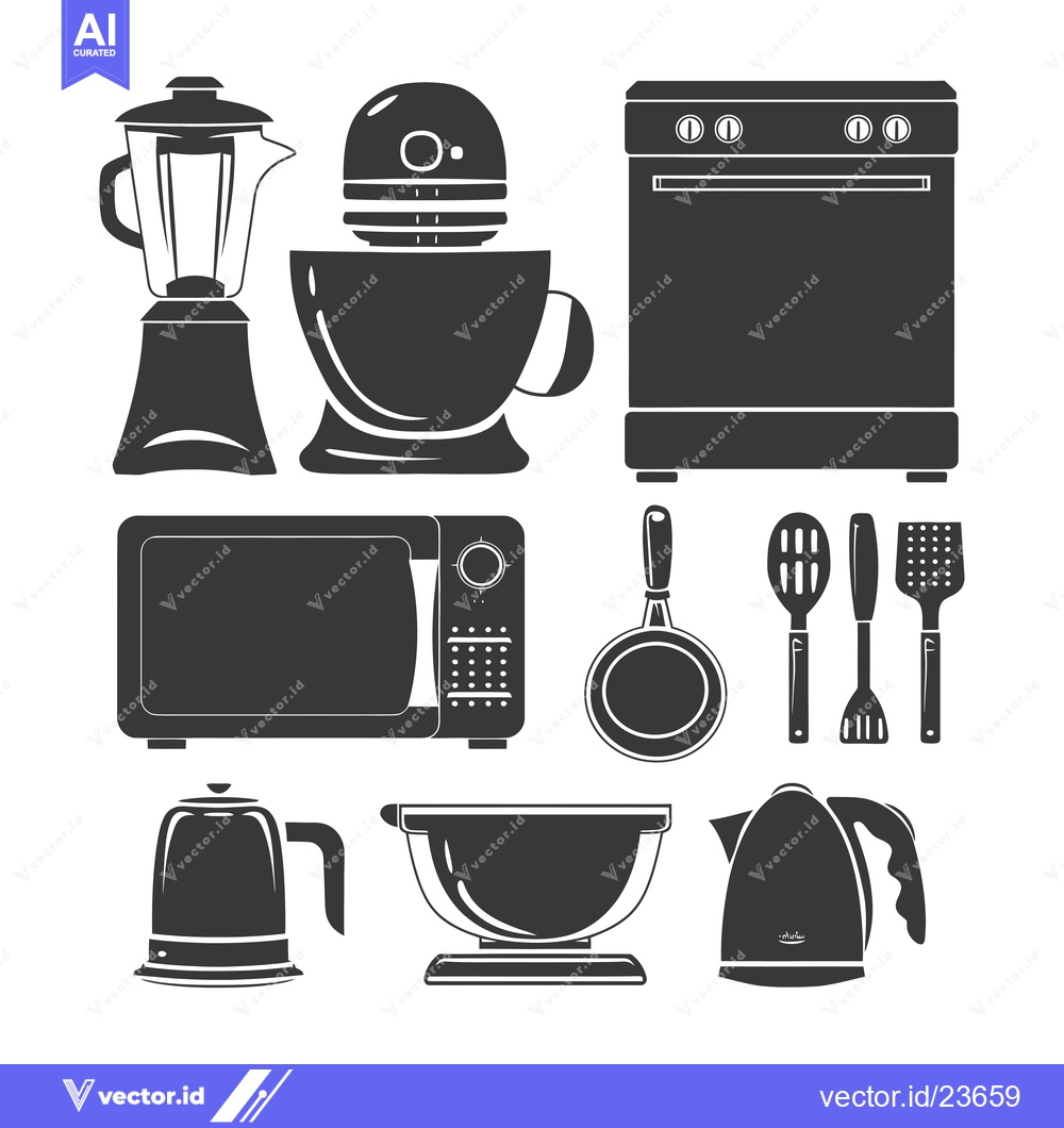Premium Vector of Black and White Icons of Kitchen Appliances and Utensils