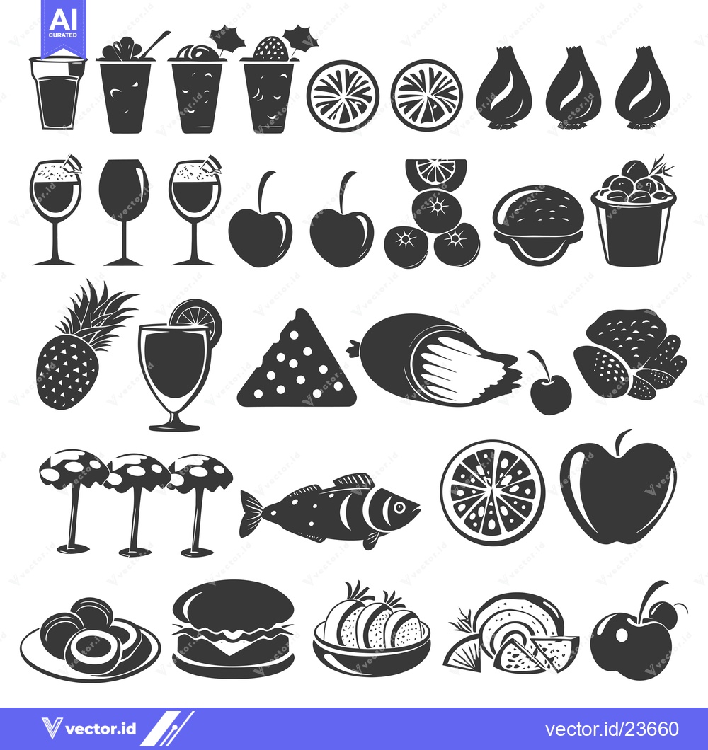 Premium Vector of Black and White Icons of Various Foods and Drinks