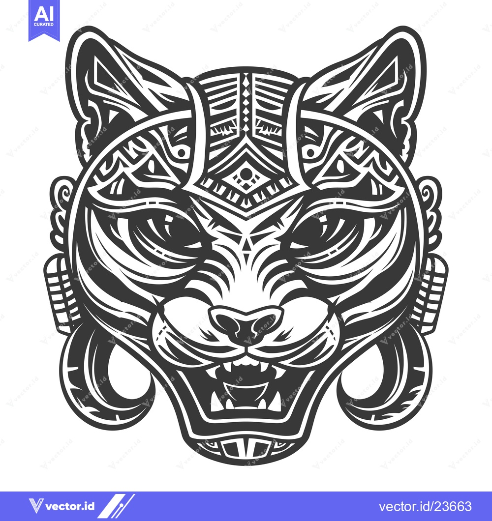 Premium Vector dari Black and White Illustrated Cat Head with Tribal Patterns