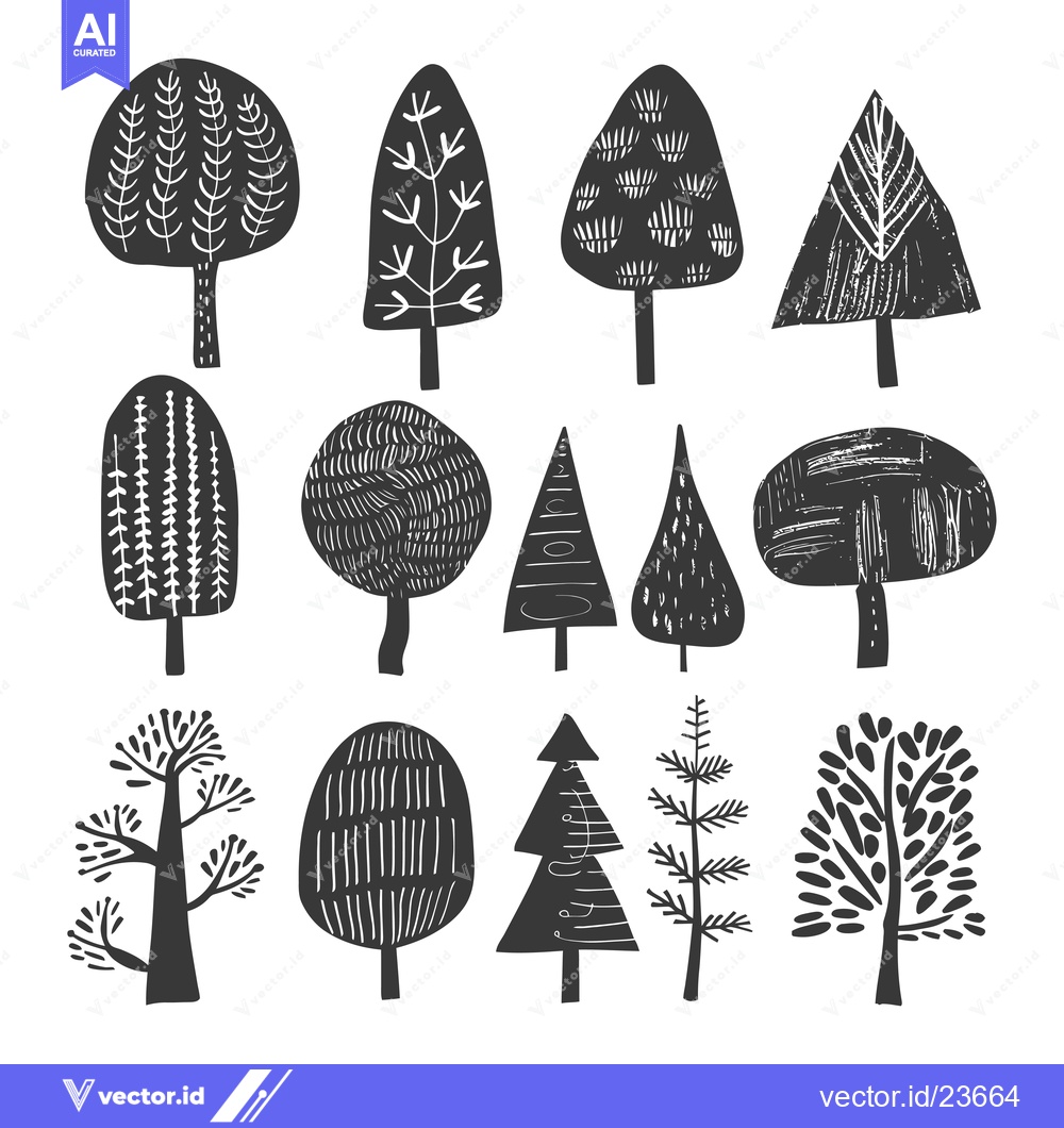 Premium Vector dari Black and White Illustrated Collection of Different Tree Shapes