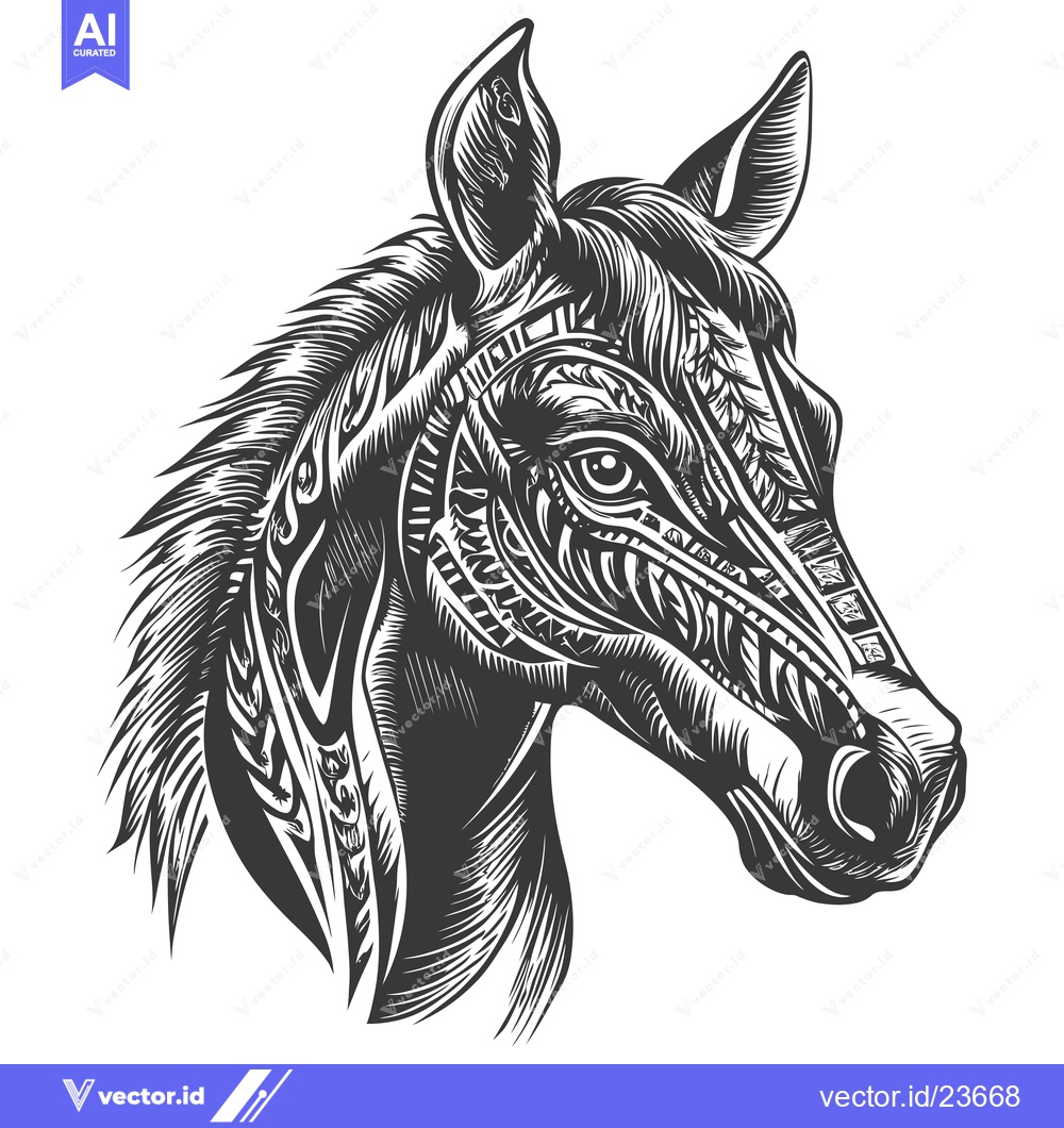 Premium Vector dari Black and White Illustrated Horse Head with Tribal Patterns