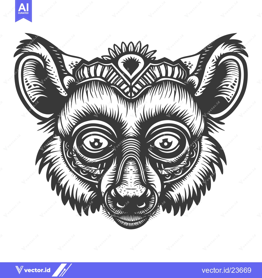 Premium Vector dari Black and White Illustrated Lemur Face with Detailed Ornamentation