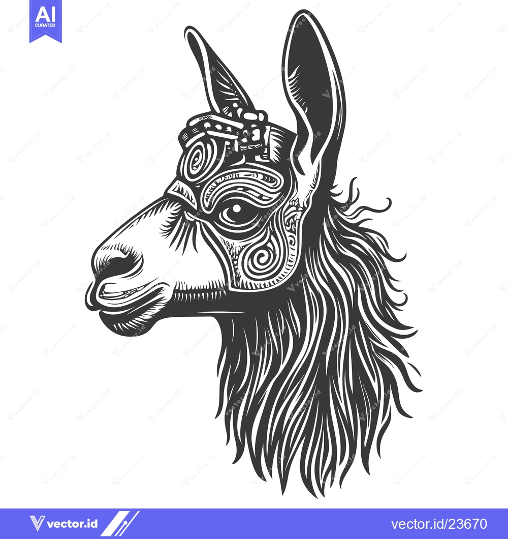 Premium Vector of Black and White Illustrated Llama Head with Intricate Pattern