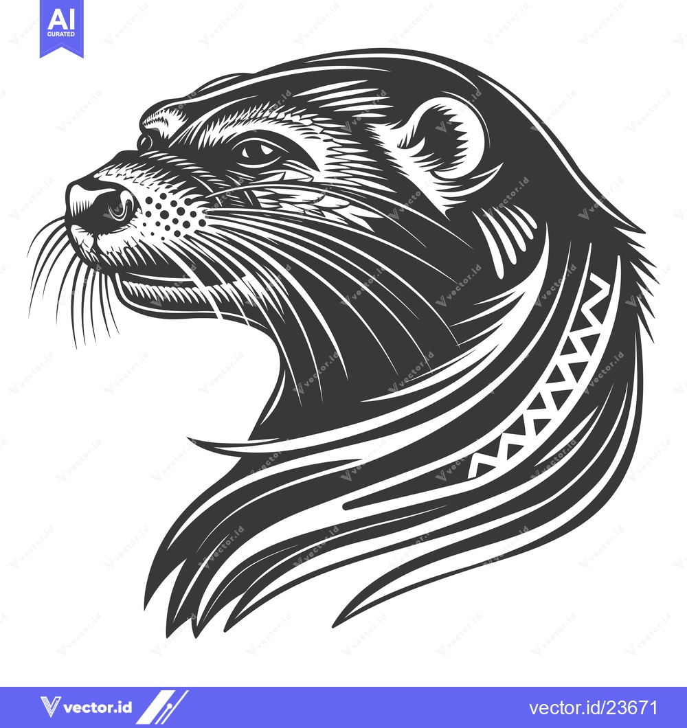 Premium Vector of Black and White Illustrated Otter Head with Fur Detail