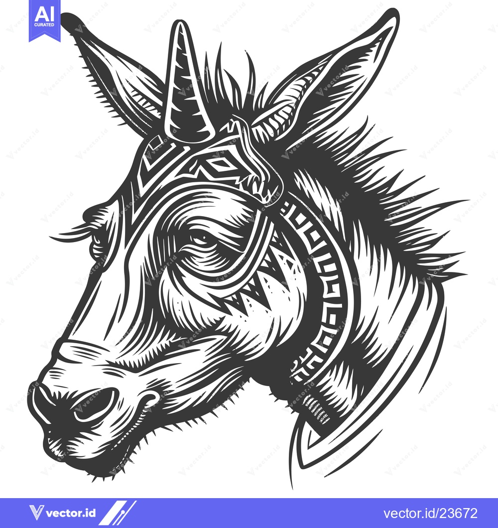 Premium Vector of Black and White Illustrated Portrait of a Donkey with Ornamental Detai