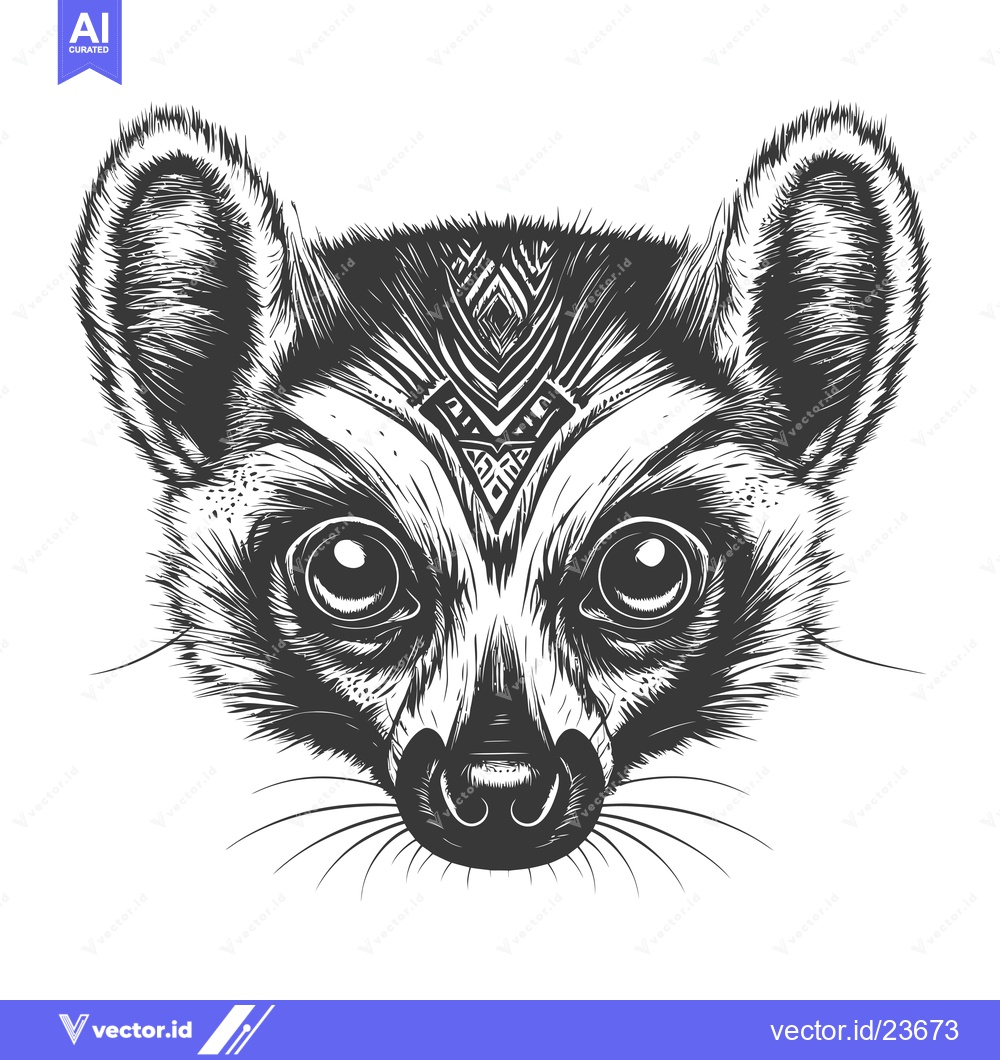 Premium Vector dari Black and White Illustrated Portrait of a Lemur with Tribal Design on