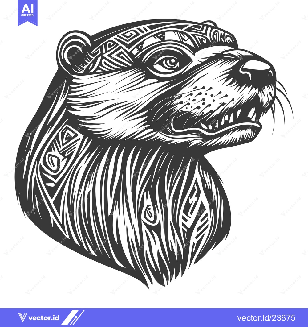 Premium Vector dari Black and White Illustrated Portrait of an Otter with Tribal Pattern