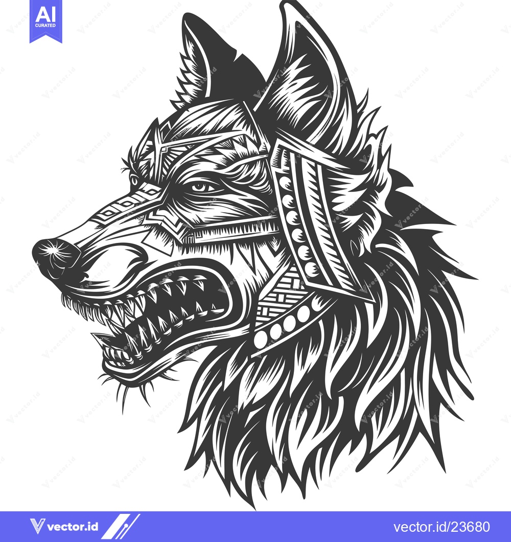 Premium Vector dari Black and White Illustrated Wolf Head with Tribal Design