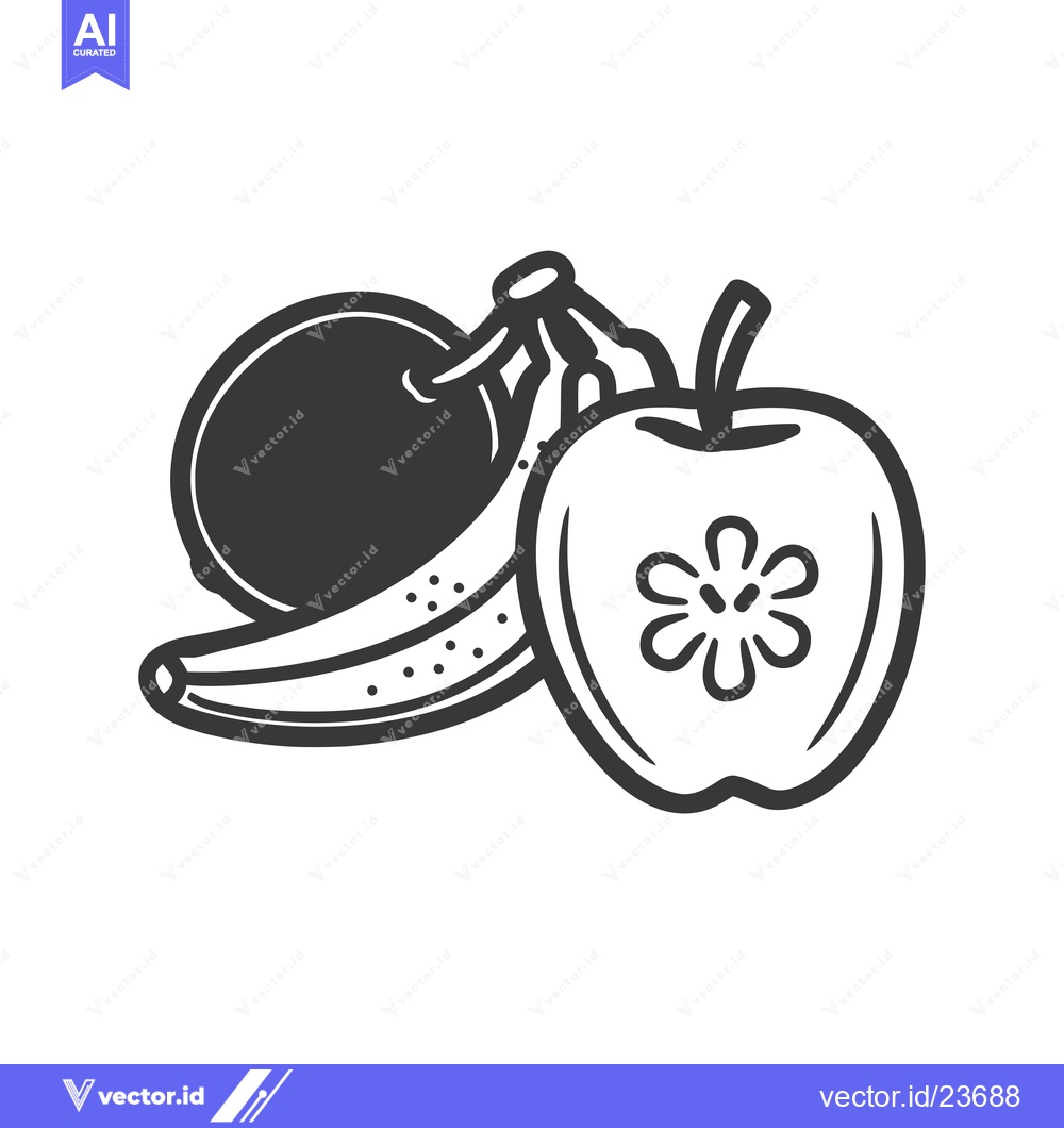 Premium Vector of Black and white illustration of a banana, apple, and plum
