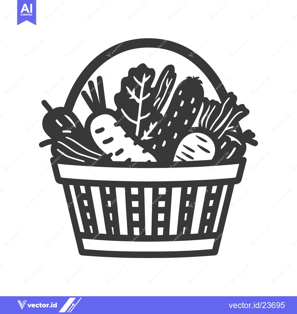 Premium Vector of Black and White Illustration of a Basket Full of Vegetables