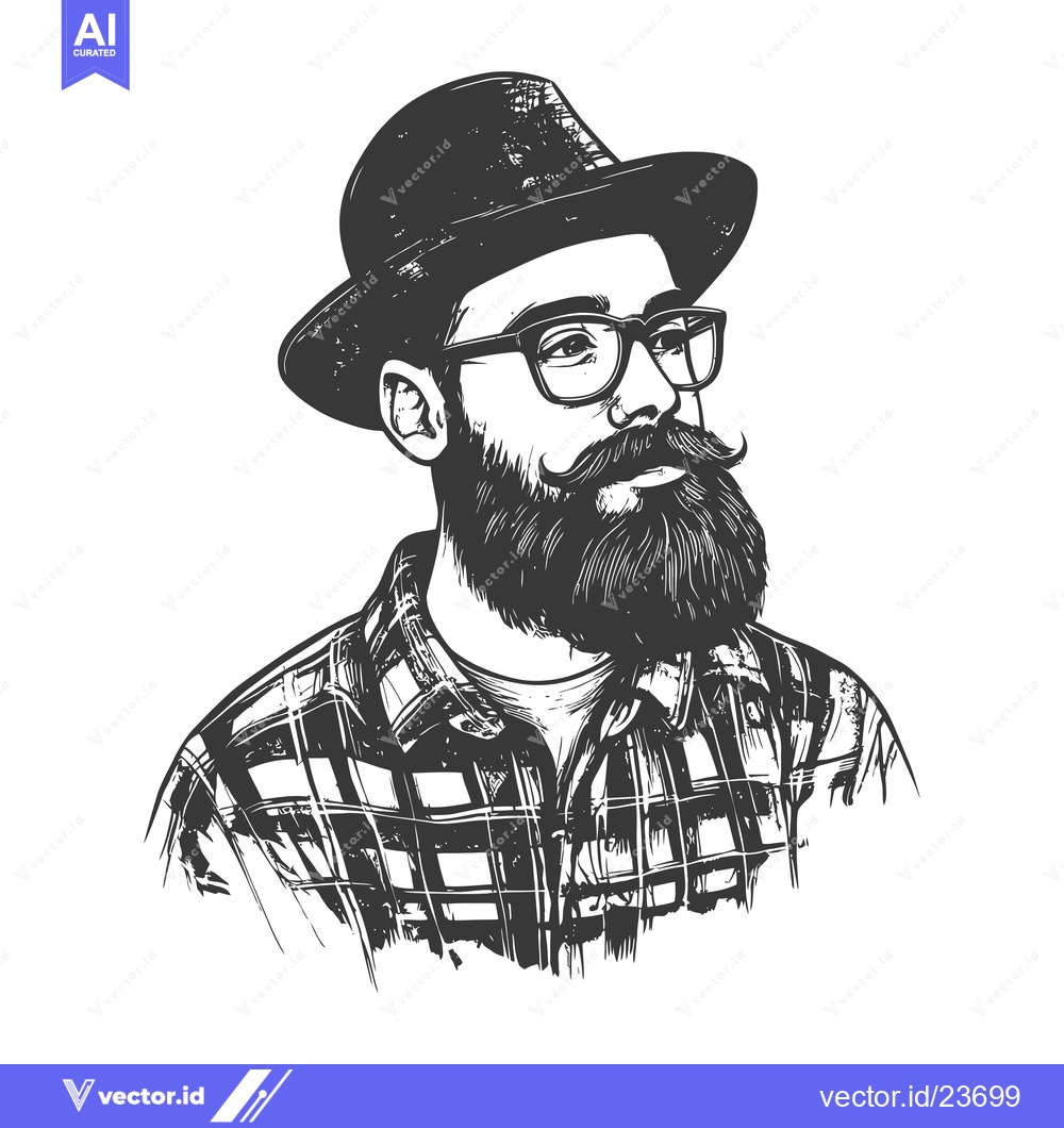 Premium Vector of Black and white illustration of a bearded man wearing a hat, glasses,