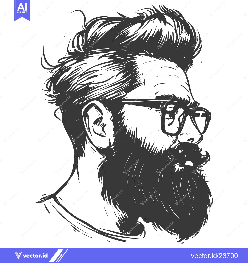 Premium Vector of Black and White Illustration of a Bearded Man Wearing Glasses