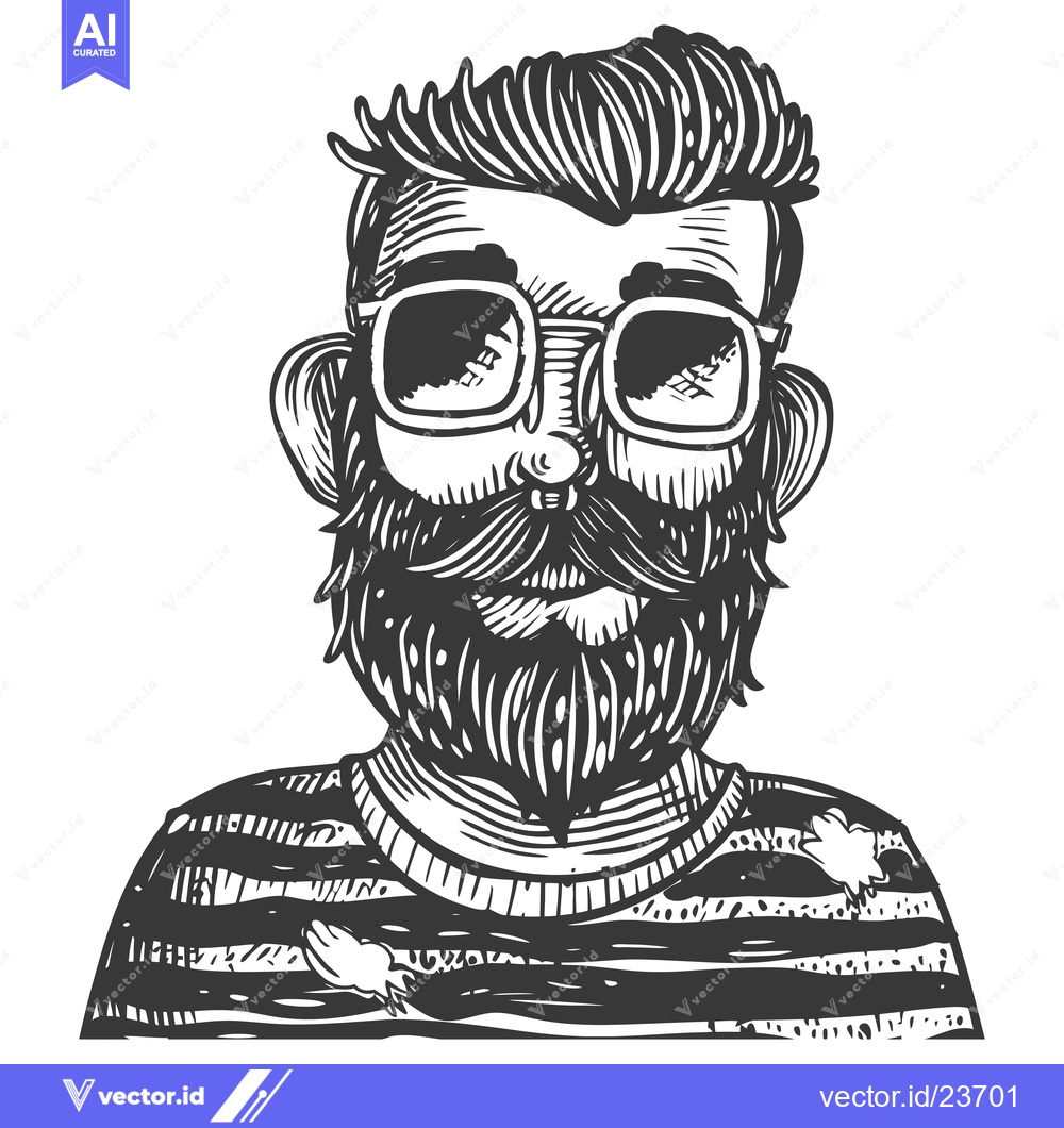Premium Vector dari Black and White Illustration of a Bearded Man Wearing Sunglasses