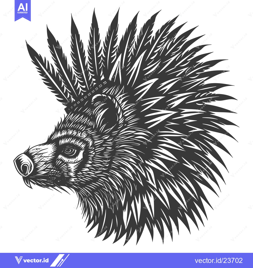 Premium Vector of Black and White Illustration of a Bear Head with Feathers