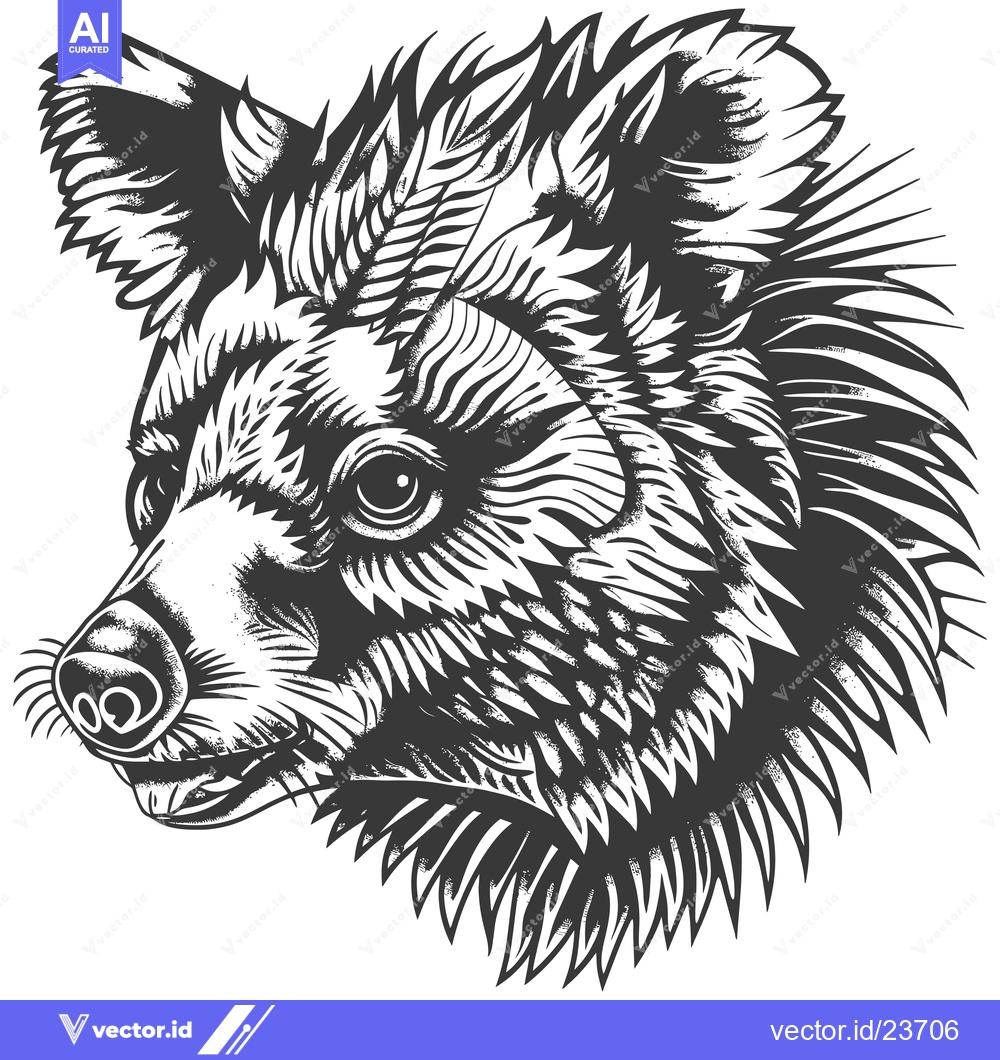 Premium Vector of Black and White Illustration of a Bear's Head with Detailed Fur