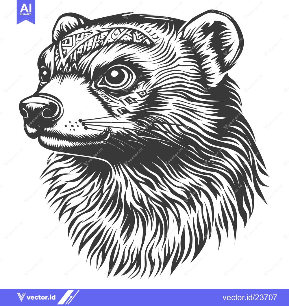 Premium Vector of Black and White Illustration of a Bear's Head with Detailed Fur and Pa