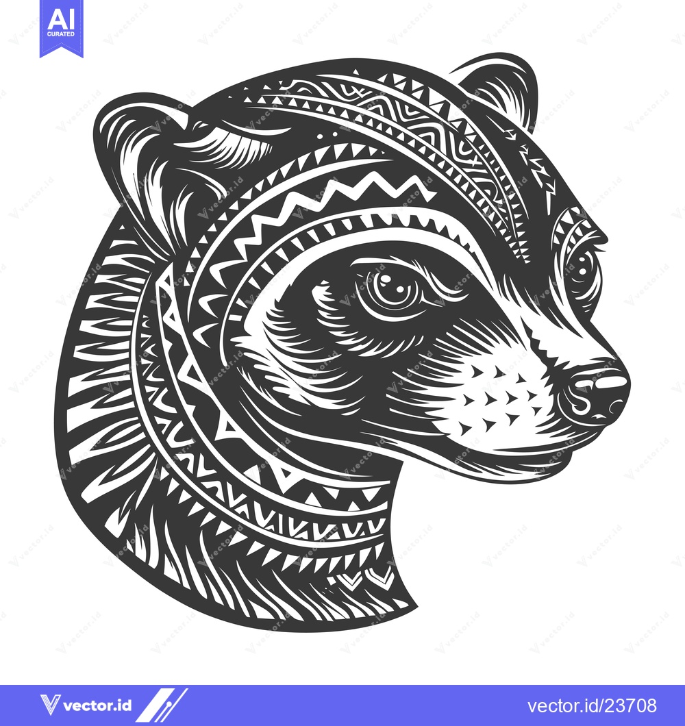 Premium Vector dari Black and White Illustration of a Bear's Head with Tribal Pattern