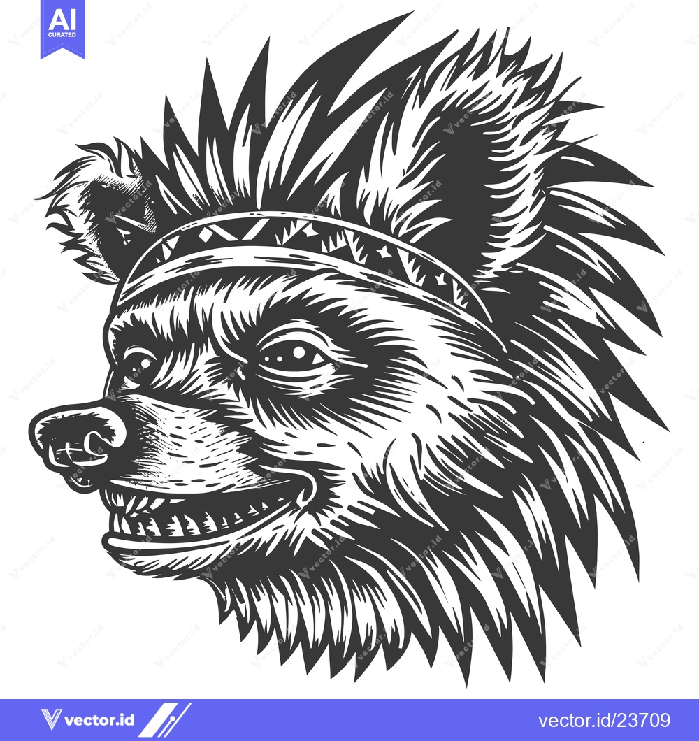 Premium Vector of Black and White Illustration of a Bear with a Native American Headdres