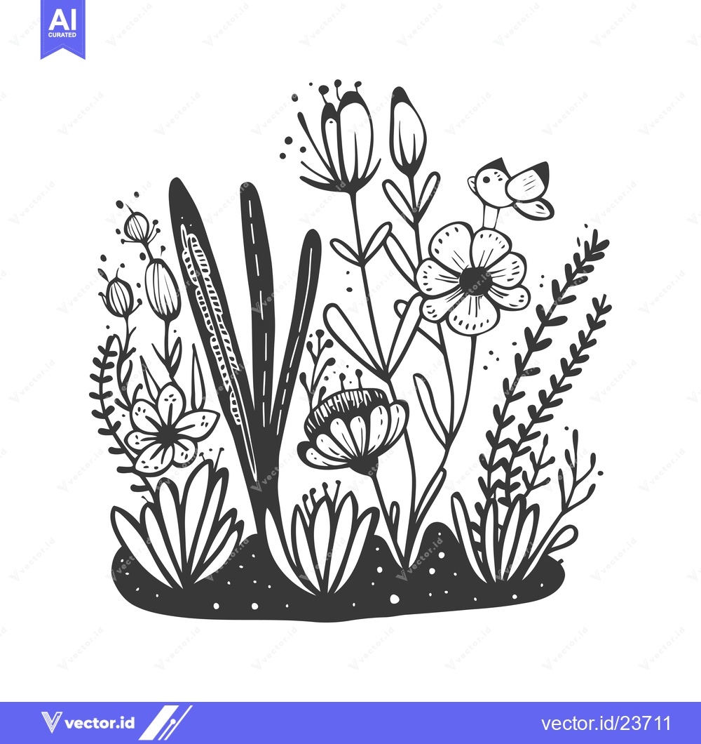 Premium Vector of Black and White Illustration of a Bird Flying Over a Field of Flowers