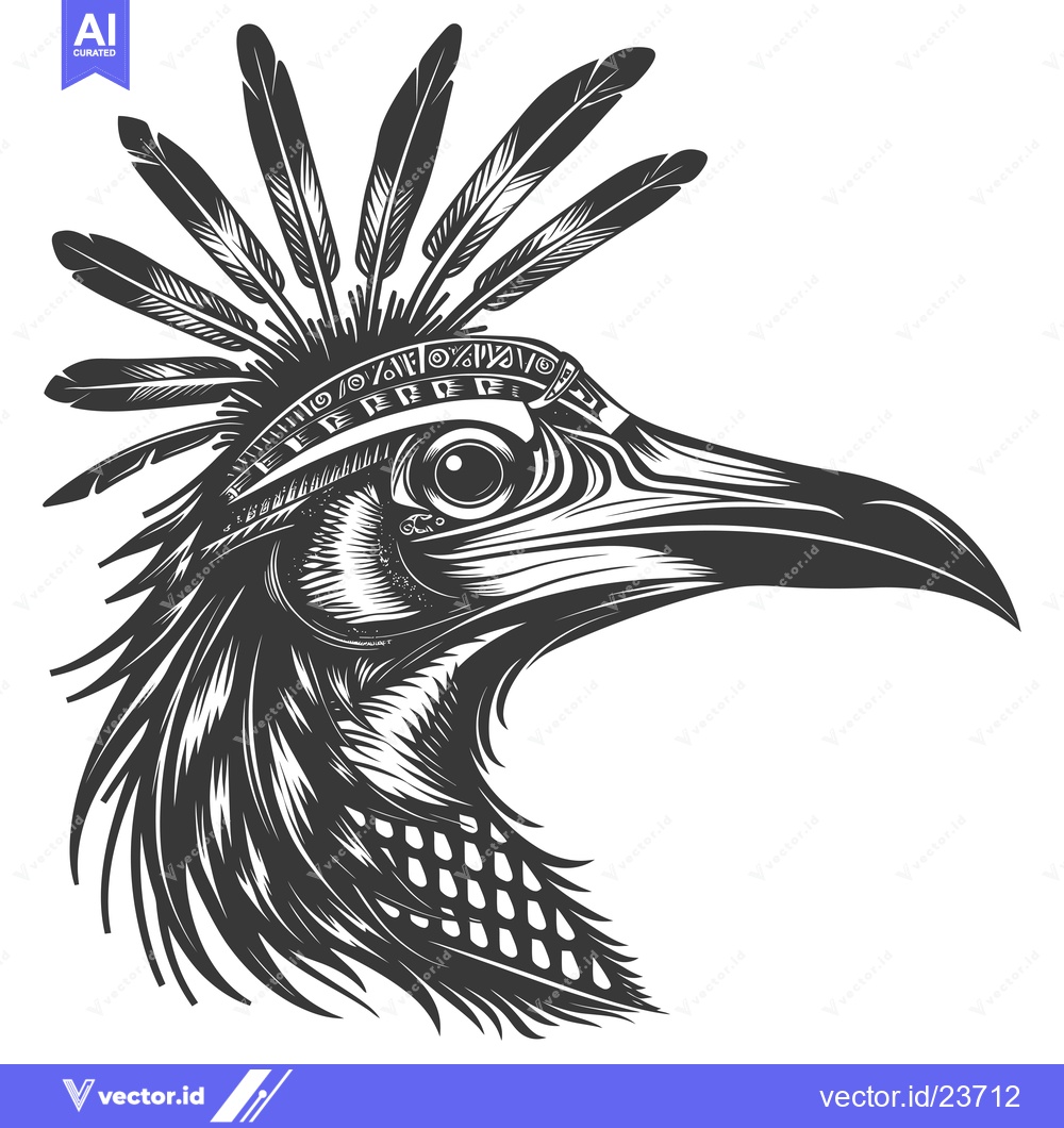 Premium Vector of Black and White Illustration of a Bird Head with Feathers and a Headba