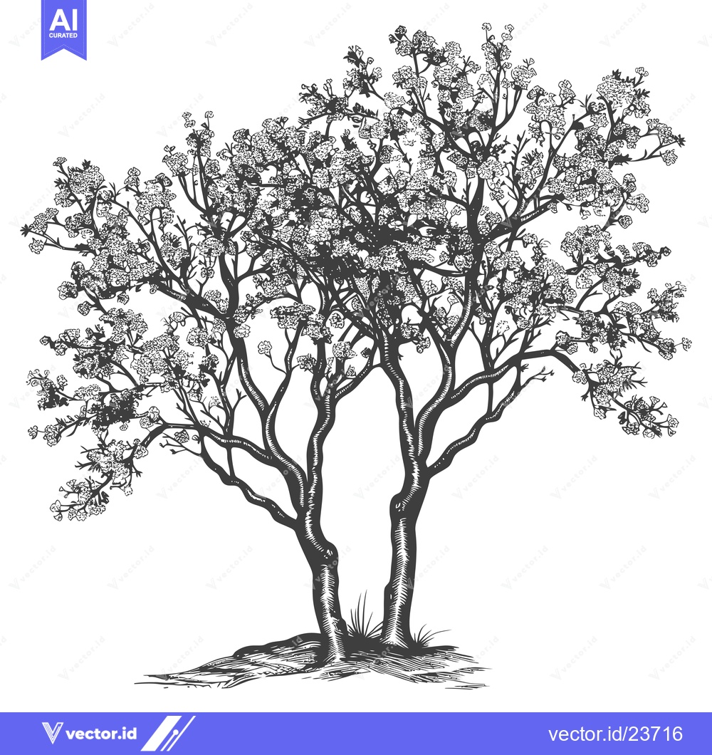 Premium Vector of Black and White Illustration of a Blooming Tree