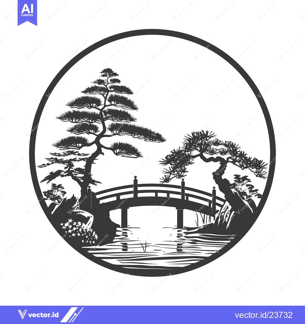 Premium Vector of Black and White Illustration of a Bridge in a Japanese Garden