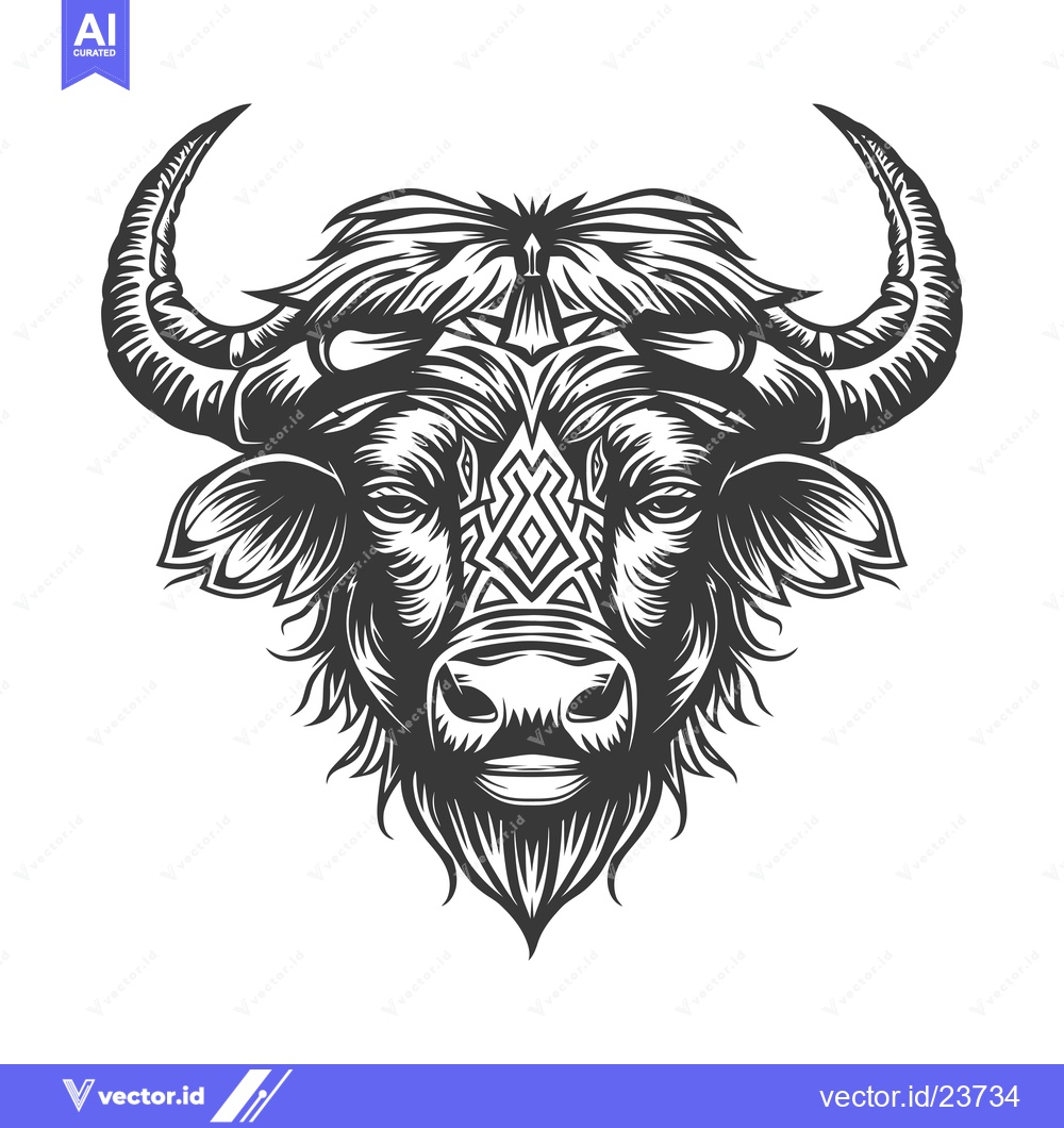 Premium Vector dari Black and White Illustration of a Buffalo Head with Tribal Pattern