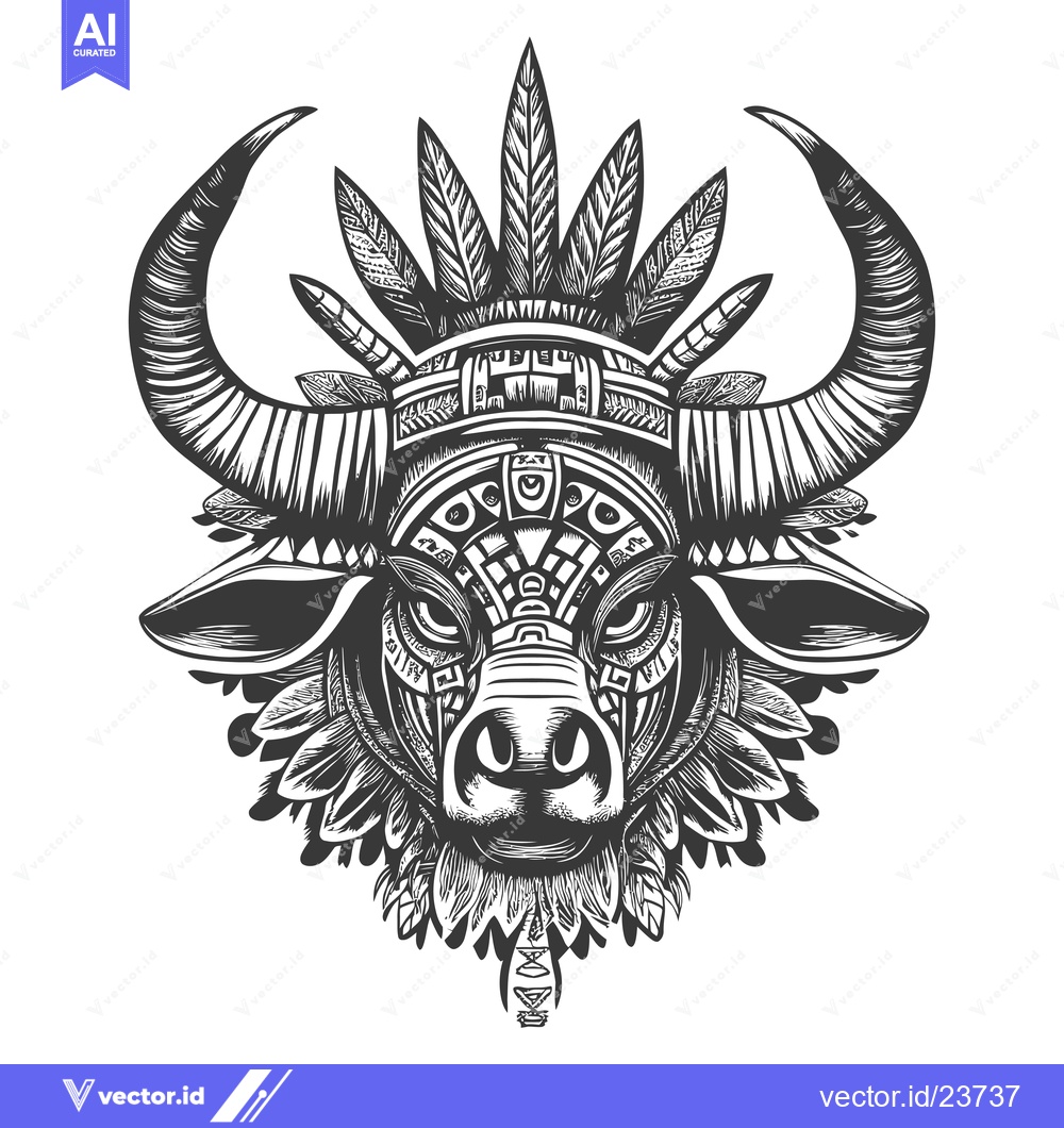 Premium Vector dari Black and White Illustration of a Bull's Head with Feathers