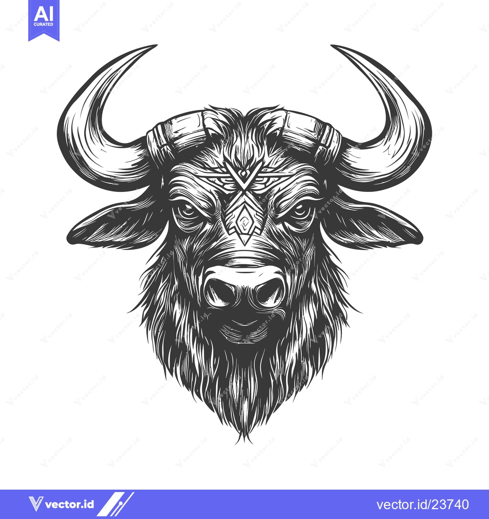 Premium Vector dari Black and White Illustration of a Bull's Head with Horns and a Geometr