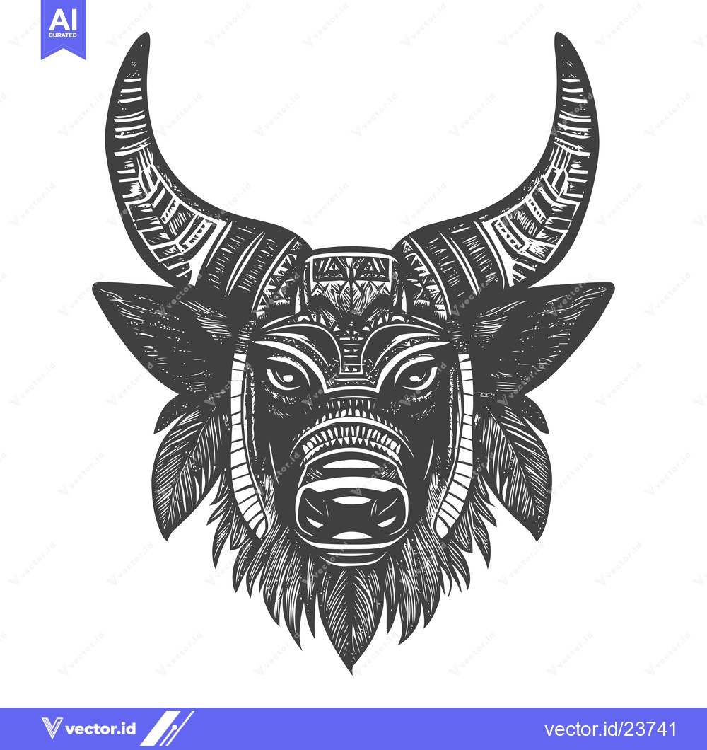 Premium Vector of Black and White Illustration of a Bull's Head with Ornate Horns and Fe
