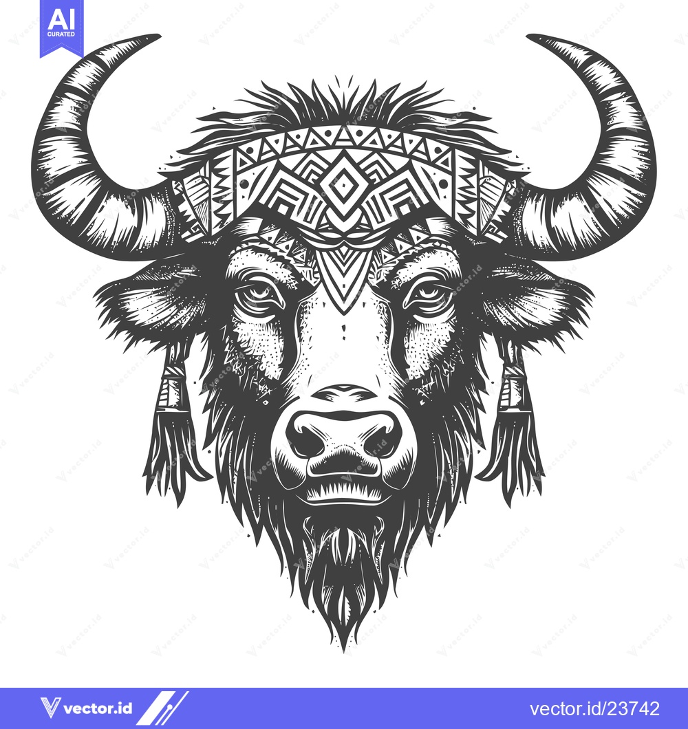 Premium Vector dari Black and White Illustration of a Bull's Head with Tribal Headband