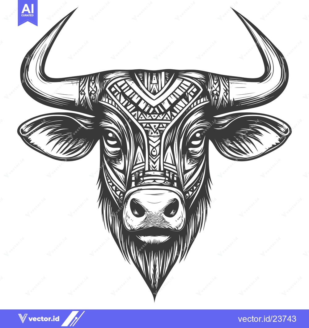 Premium Vector dari Black and White Illustration of a Bull's Head with Tribal Pattern