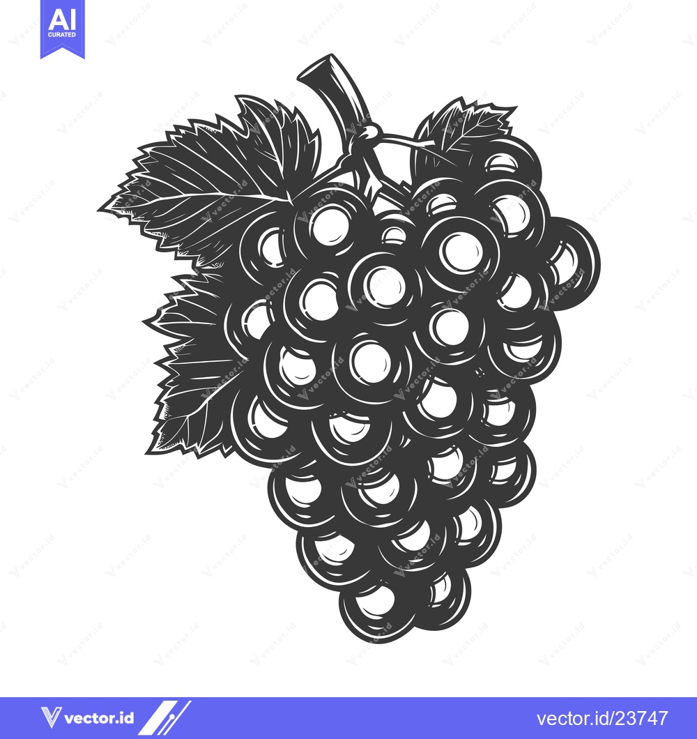 Premium Vector of Black and White Illustration of a Bunch of Grapes with a Leaf