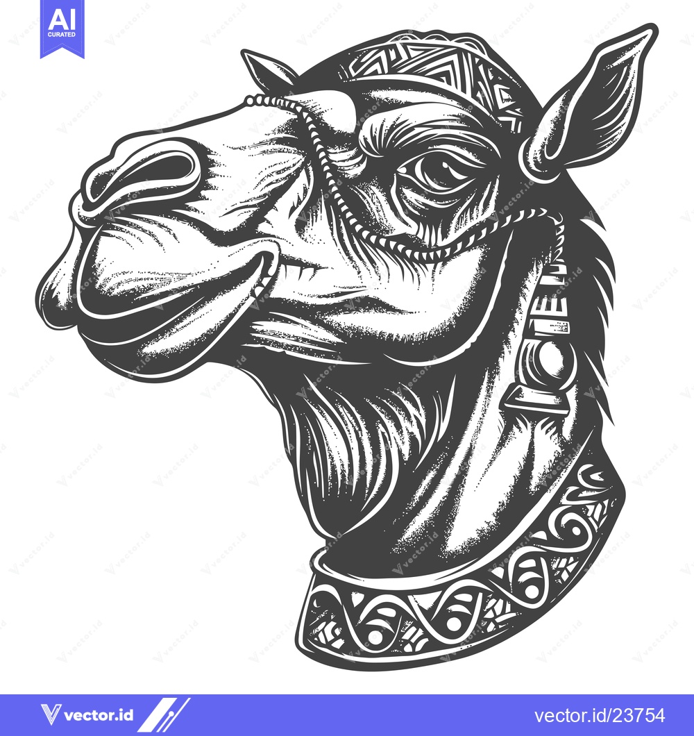 Premium Vector of Black and White Illustration of a Camel Head with Detailed Ornamentati
