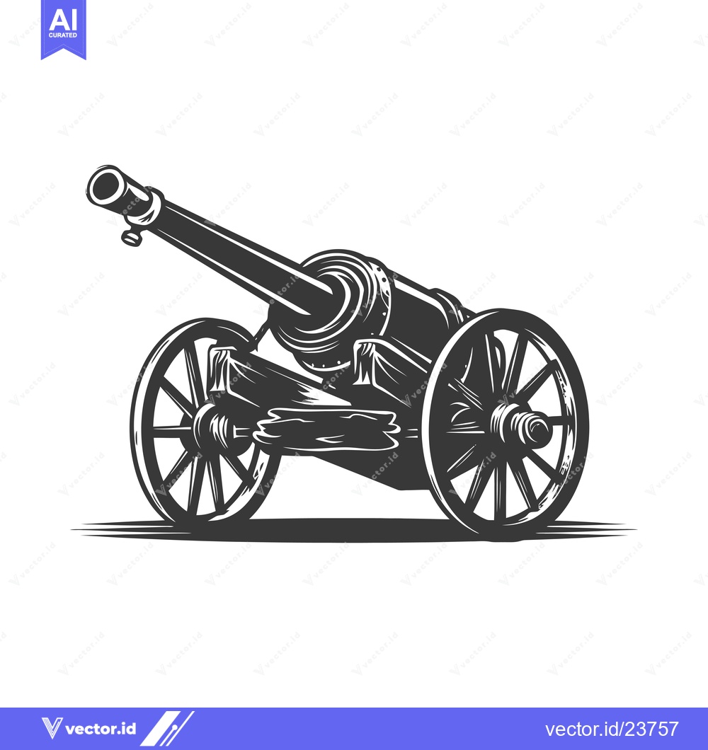 Premium Vector of Black and White Illustration of a Cannon on Wheels