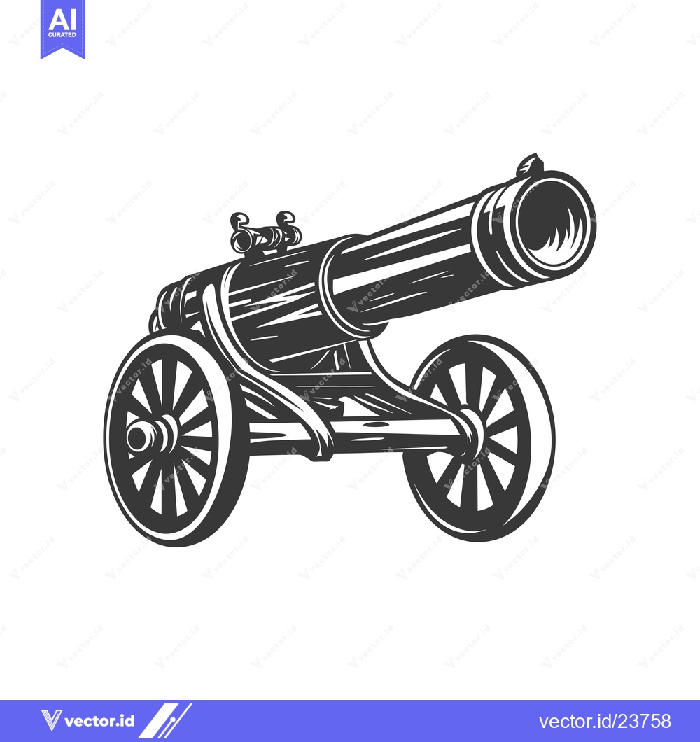 Premium Vector of Black and White Illustration of a Cannon on Wheels