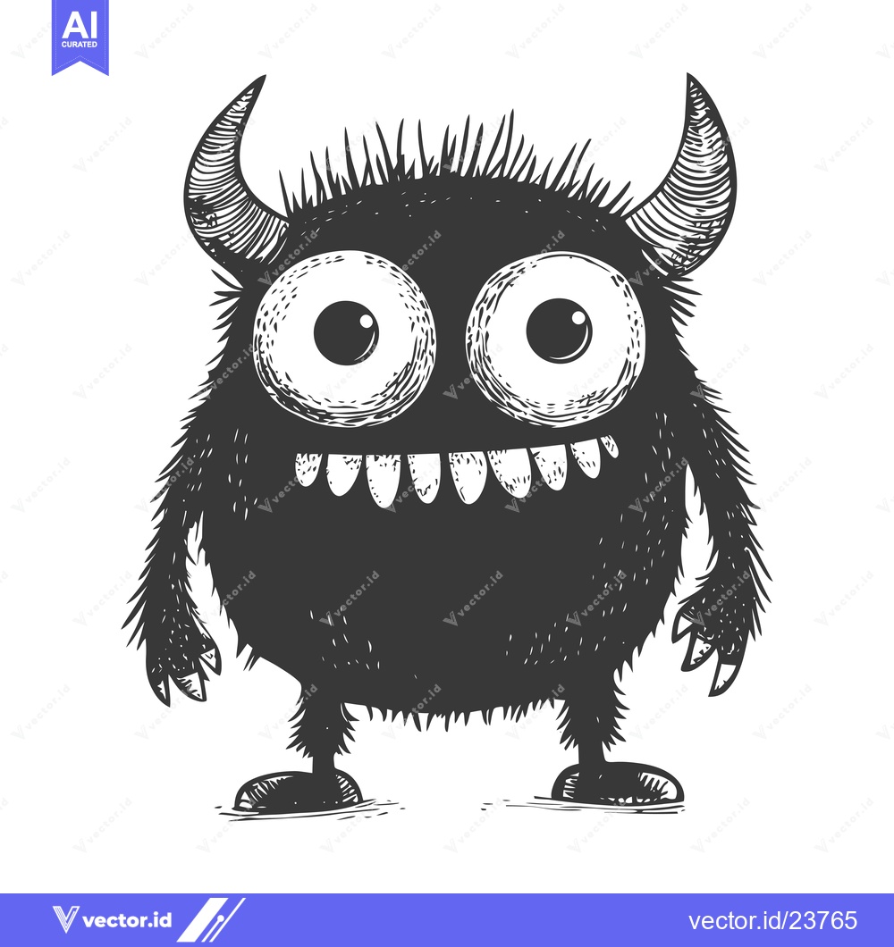 Premium Vector dari Black and White Illustration of a Cartoon Monster with Horns and Big E