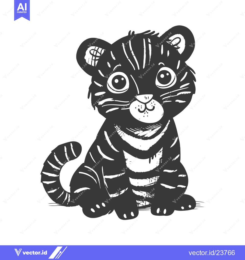 Premium Vector of Black and White Illustration of a Cartoon Tiger Cub