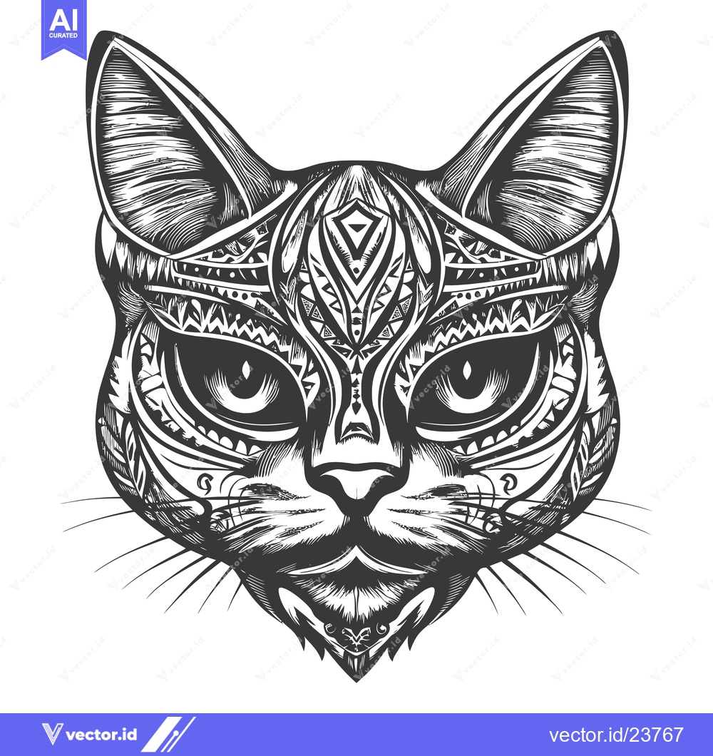 Premium Vector dari Black and White Illustration of a Cat's Face with Tribal Pattern