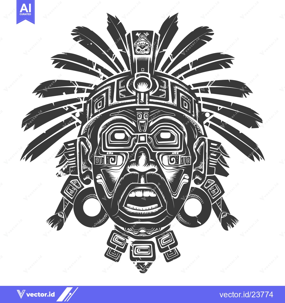Premium Vector of Black and White Illustration of a Ceremonial Mask with Feathers