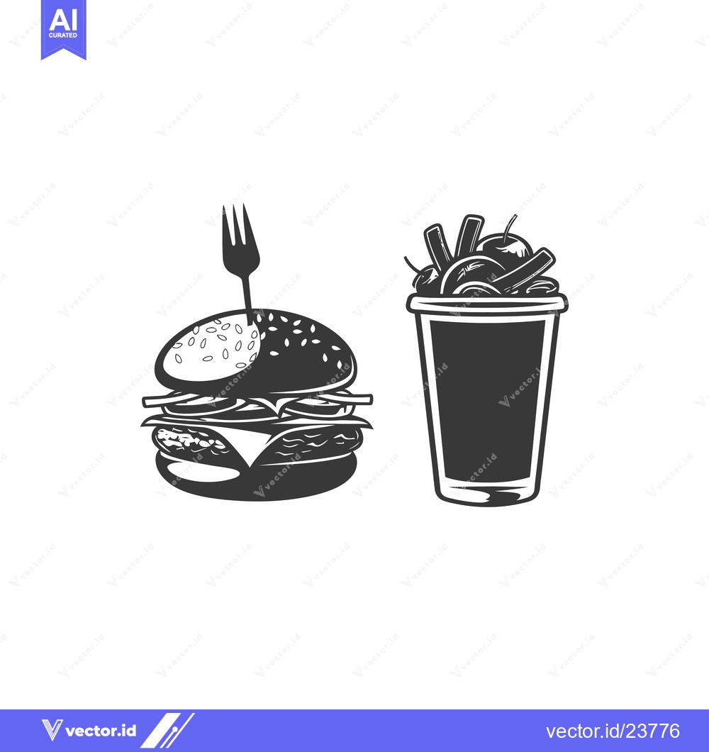 Premium Vector of Black and White Illustration of a Cheeseburger and French Fries