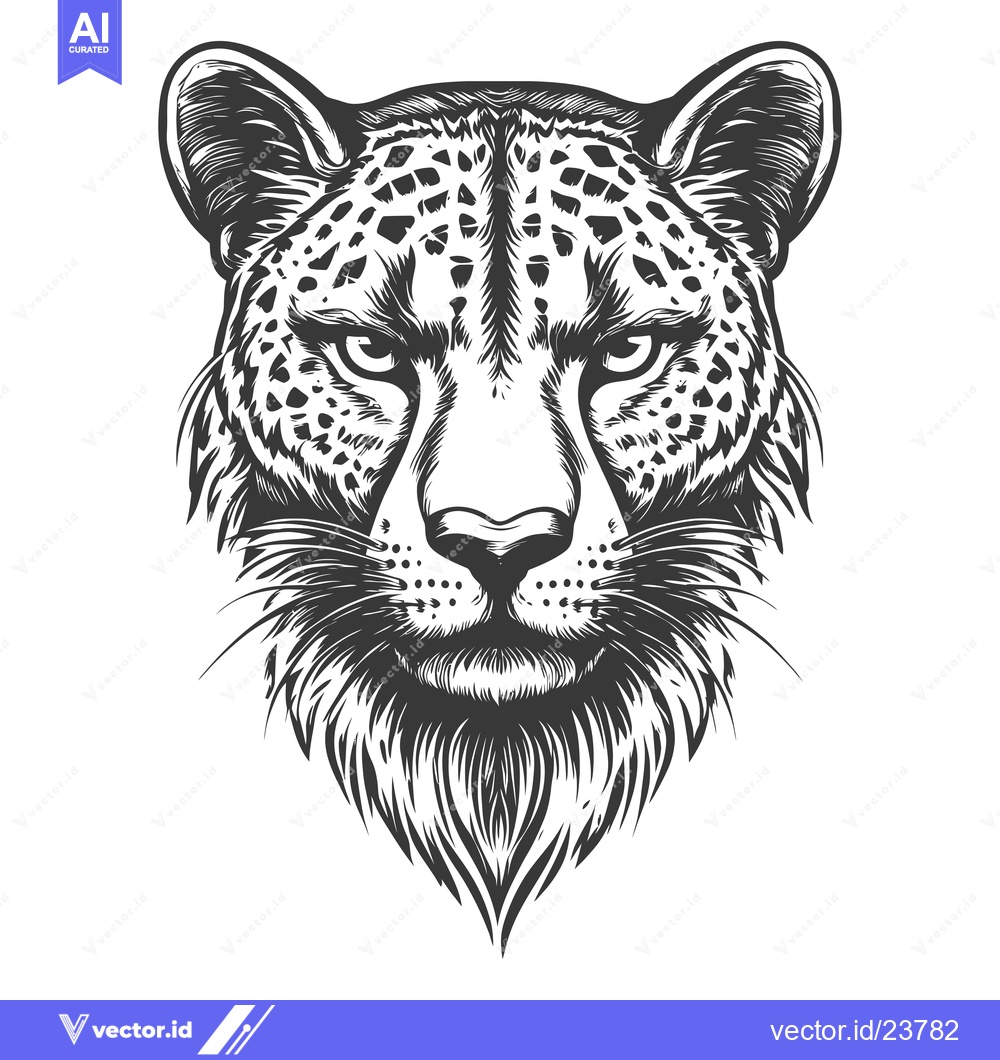 Premium Vector dari Black and White Illustration of a Cheetah's Head with Detailed Fur and