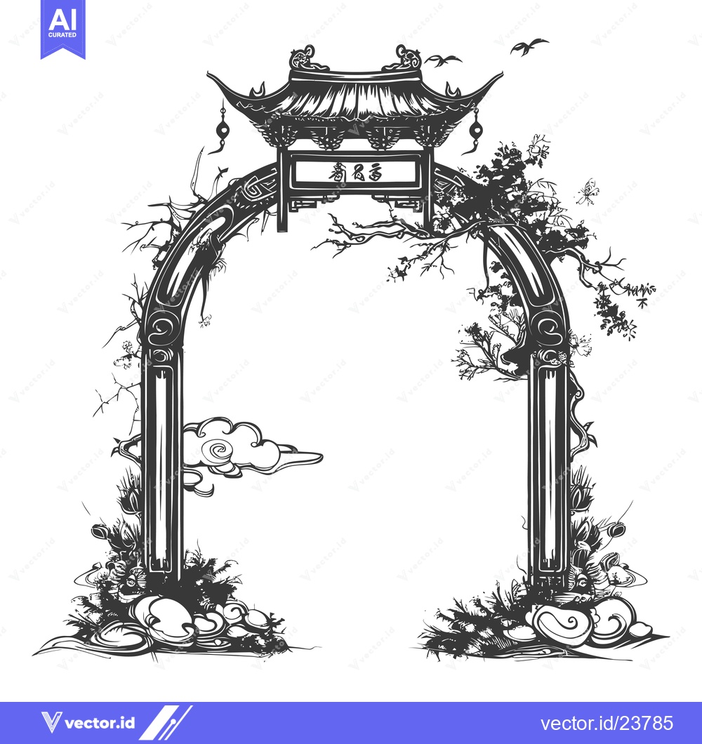 Premium Vector dari Black and White Illustration of a Chinese Archway with Floral and Clou