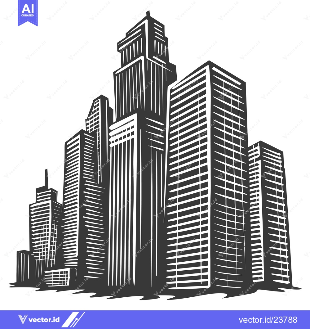 Premium Vector of Black and White Illustration of a City Skyline with Skyscrapers