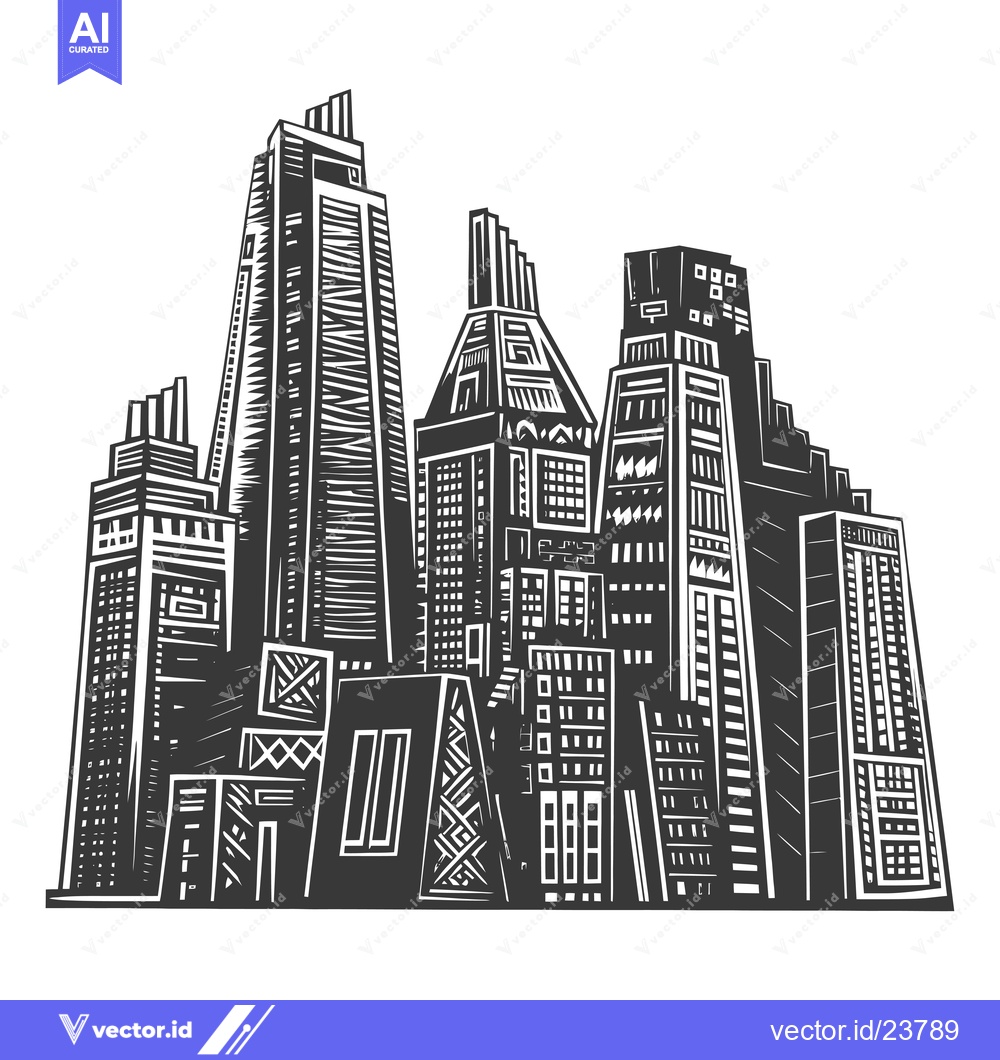 Premium Vector dari Black and White Illustration of a City Skyline with Tall Buildings