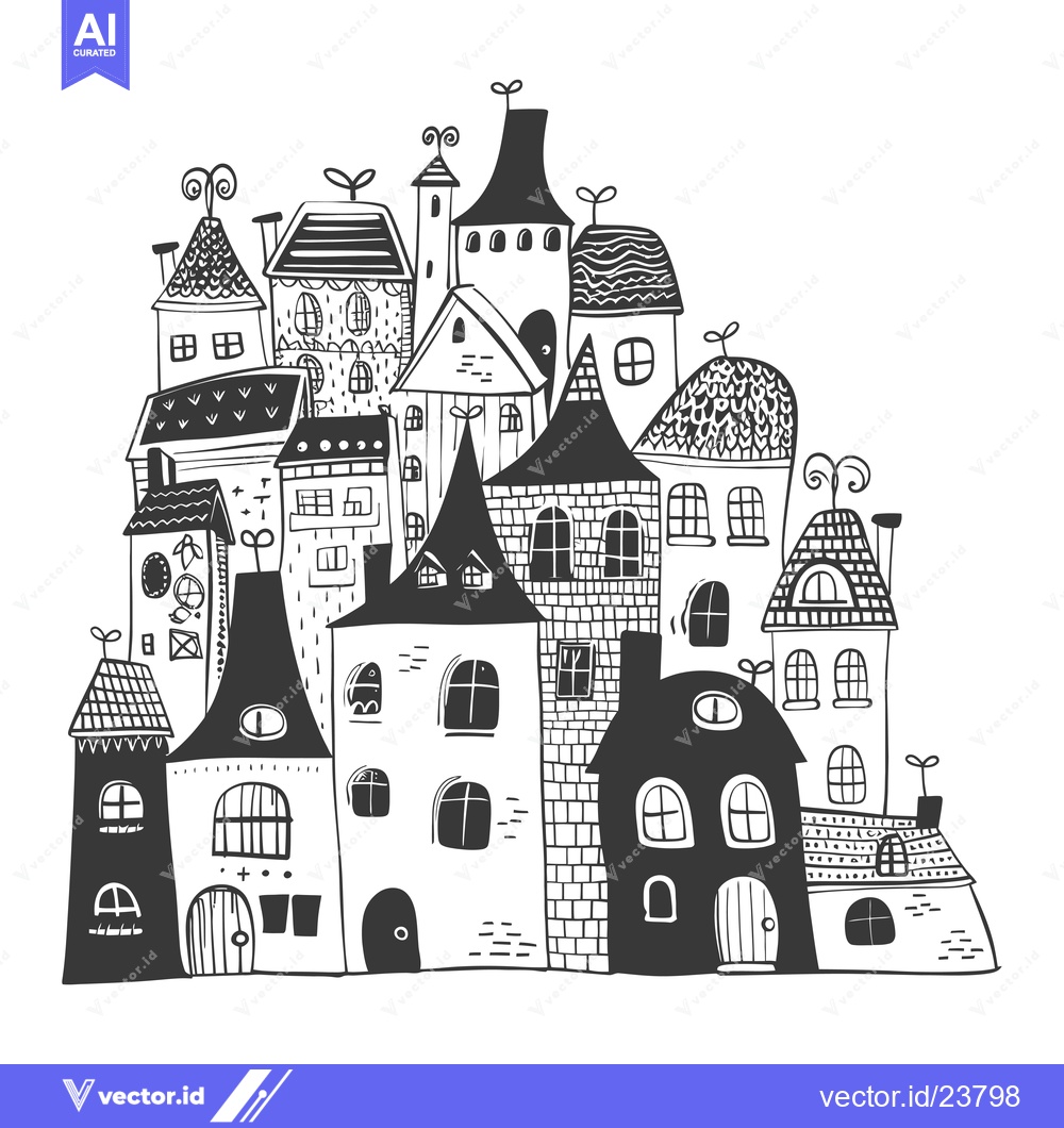 Premium Vector dari Black and White Illustration of a Cluster of Whimsical Houses