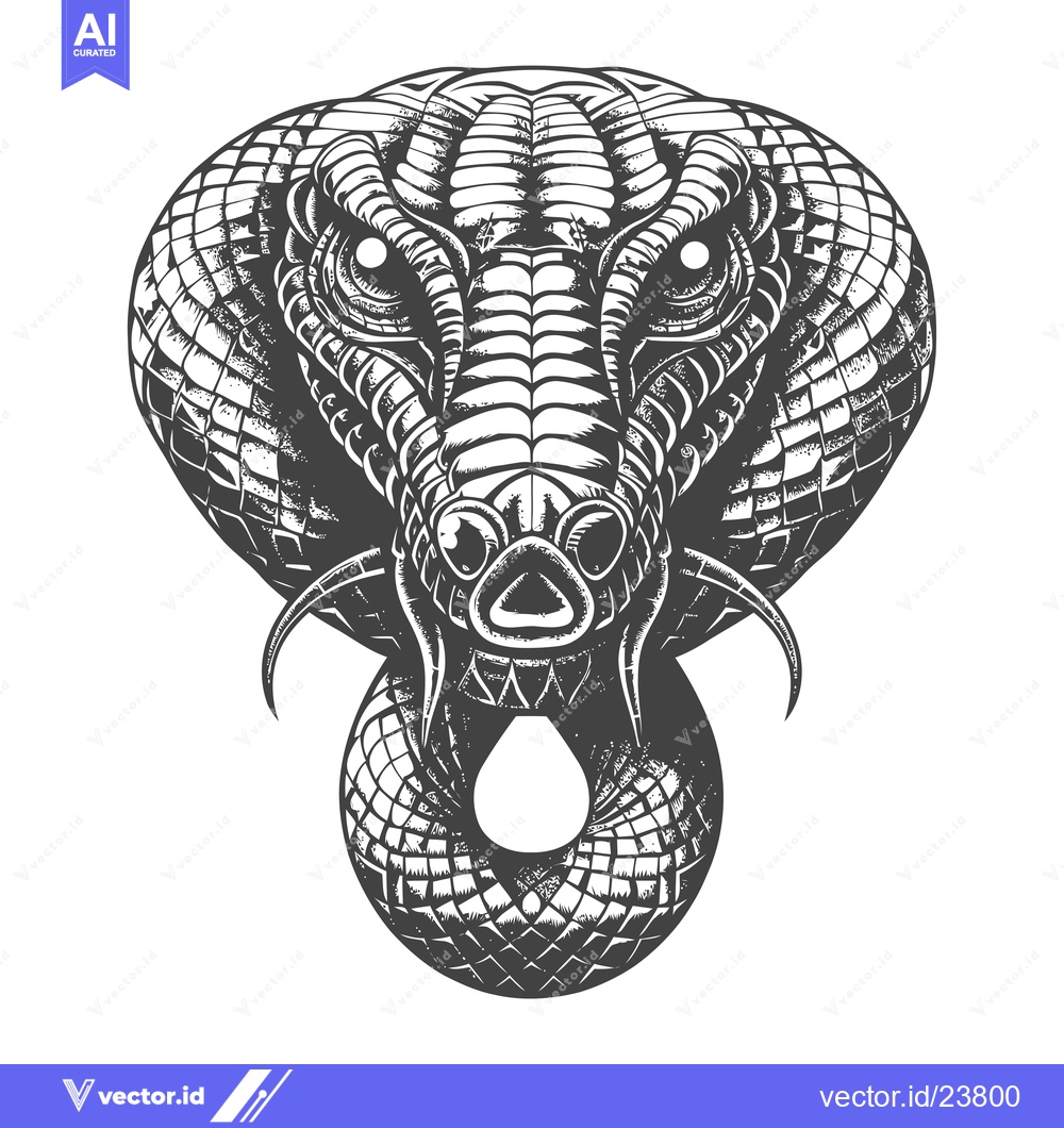 Premium Vector of Black and White Illustration of a Cobra's Head with Fangs